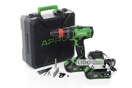 Дрель-шуруповерт Apro 20DC 20В 2А, 2 АКБ ЗУ быстросъем в кейсе