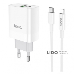 Мережевий Зарядний Пристрій Hoco C80A Rapido + Cable (Type-C to Lightning) 20W PD+QC3.0 Type-C + USB білий