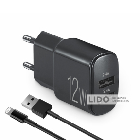 Мережевий зарядний пристрій Brevia ePower 12W 2xUSB-A + кабель USB-A to Lightning 1м чорний