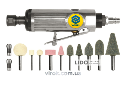 Пневматична шліфувальна машина Vorel пряма 3/6мм 22000об/хв 127л/хв + набір аксесуарів