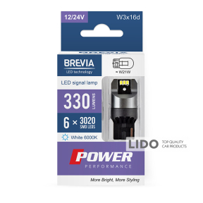 LED автолампа Brevia Power W21W 330Lm 6x3020SMD 12/24V CANbus, 2шт