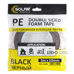 Лента клейкая двусторонняя Solar, PE, черная, 10ммx5м