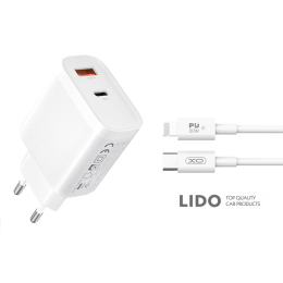 Мережевий зарядний пристрій XO L116 PD30W/QC18W 1USB-C+1USB-A + Lightning кабель білий