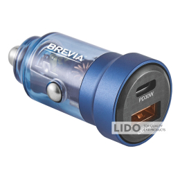 Автомобільний зарядний пристрій Brevia ePower DualCharge 30W 1xUSB-C+1xUSB-A, прозорий синій
