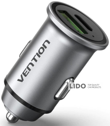 Автомобільний зарядний пристрій Vention Two-Port USB A+C(18/20) Mini Style Aluminium Alloy Type сірий