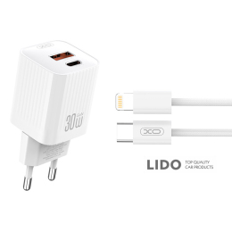 Мережевий зарядний пристрій XO L149 PD30W 1USB-A+1USB-C + Lightning кабель білий
