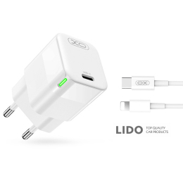 Мережевий зарядний пристрій XO CE06 PD 30W GaN + Lightning кабель білий